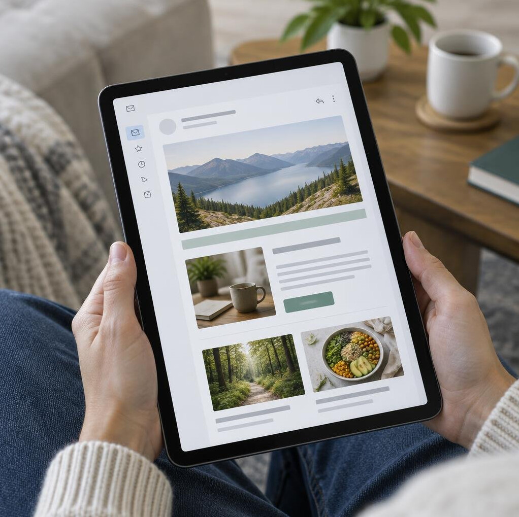 Person liest eine E-Mail auf einem Tablet