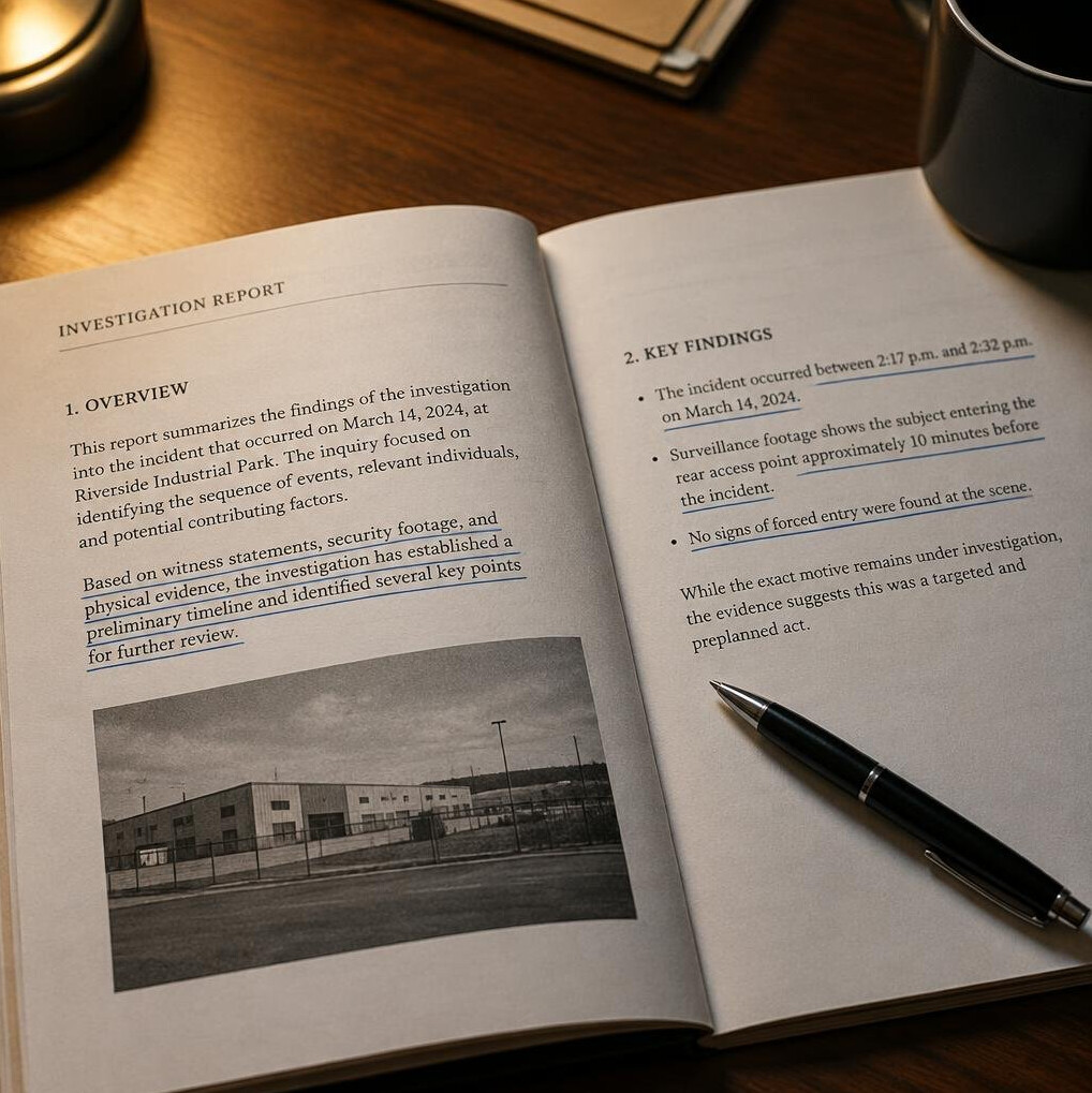 Aufgeschlagener Forschungsbericht mit unterstrichenen Textstellen